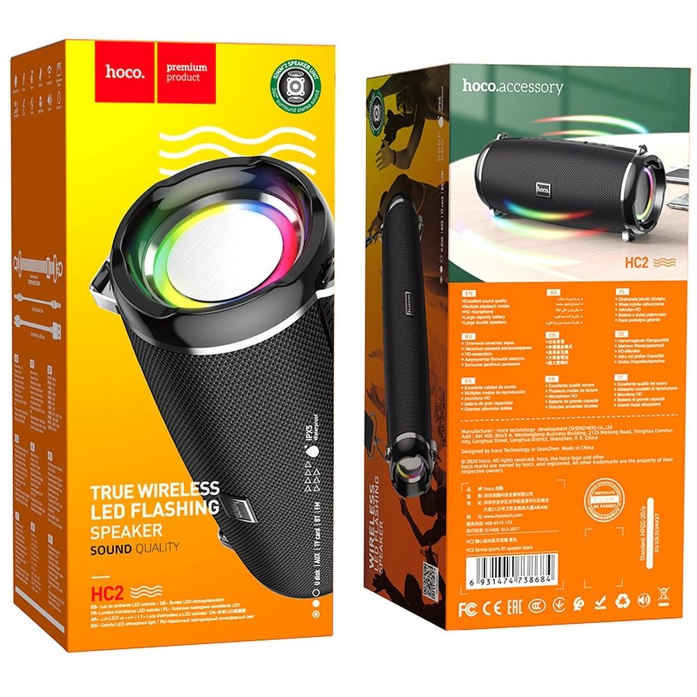 HOCO HC2 Portable Bluetooth Speaker, 2 x 5W, TWS, RGB, Black