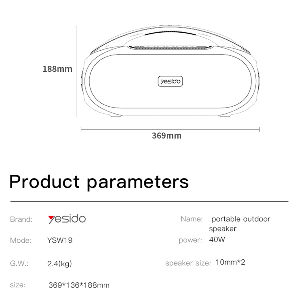 Yesido YSW19 Portable Bluetooth Speaker, 40W, RGB, Waterproof, Black
