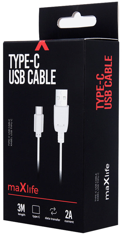 USB-A to USB-C Data and Charging Cable MaXlife, 20W, 3m, White