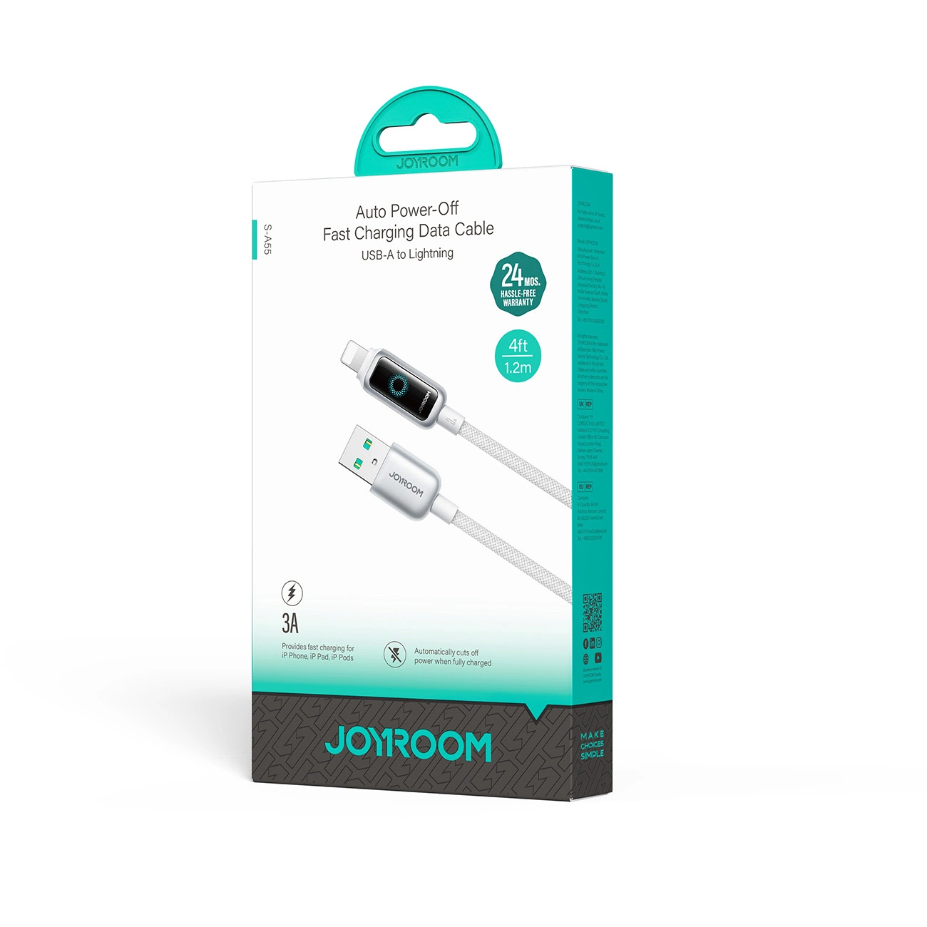 USB-A to Lightning Data and Charging Cable Joyroom S-A55 StarFlight Display, 18W, 1.2m, White