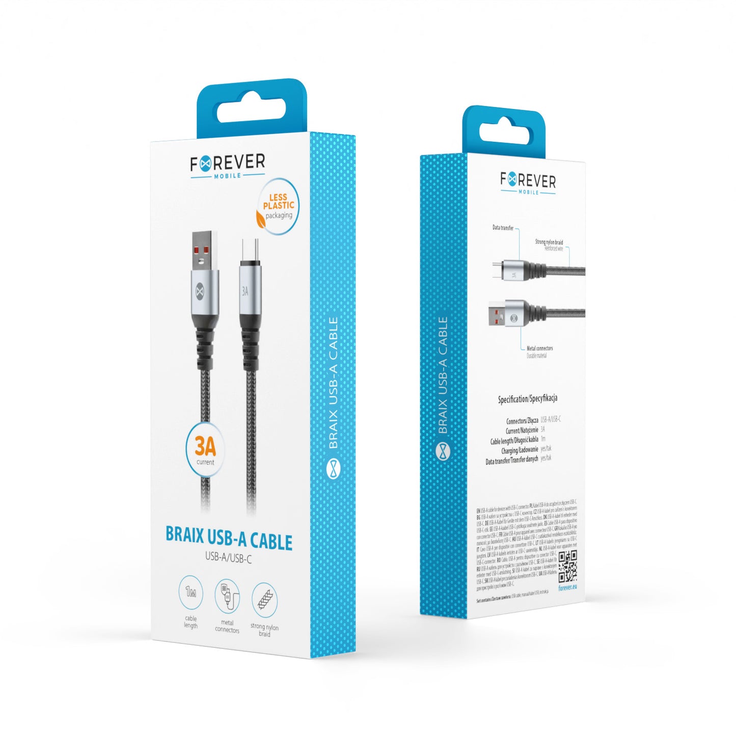 USB-A to USB-C Data and Charging Cable Forever Braix, 18W, 1m, Black