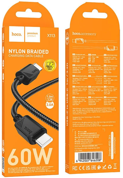USB-C Data and Charging Cable - USB-C HOCO X113, 60W, 1m, Black