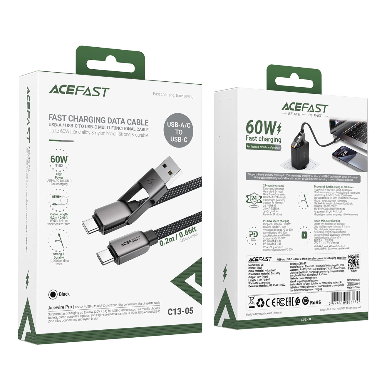 USB-C to USB-A / USB-C Acefast C13-05 Data and Charging Cable, 60W, 0.2m, Black