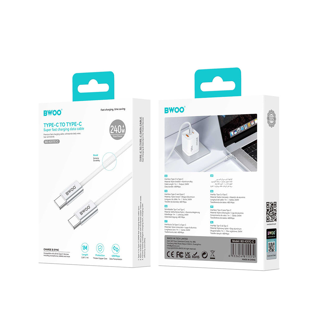 USB-C Data and Charging Cable - USB-C BWOO BO-X317C, 240W, 1m, White