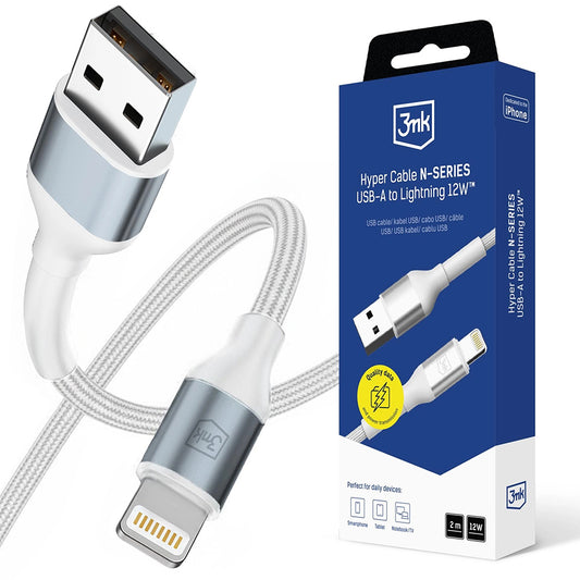 USB-A to Lightning Data and Charging Cable 3MK Hyper N, 12W, 2m, White