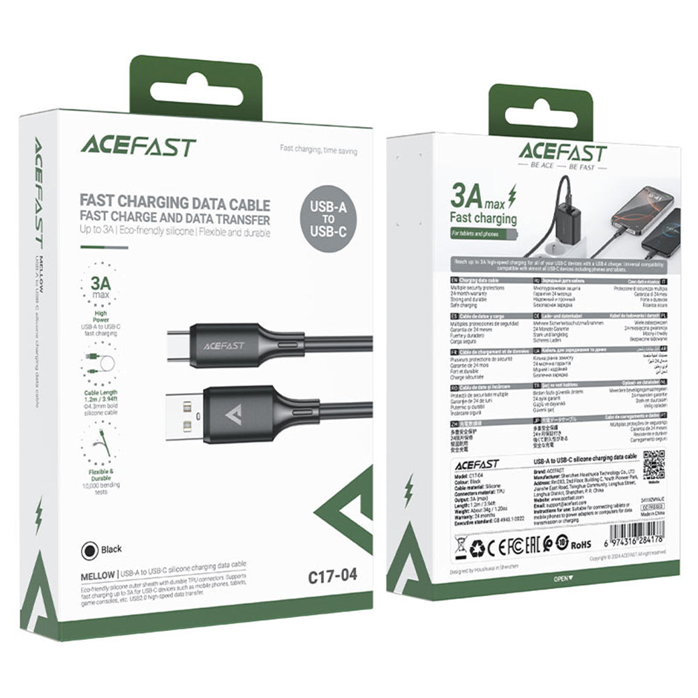 USB-A to USB-C Data and Charging Cable Acefast C17-04, 18W, 1.2m, Black