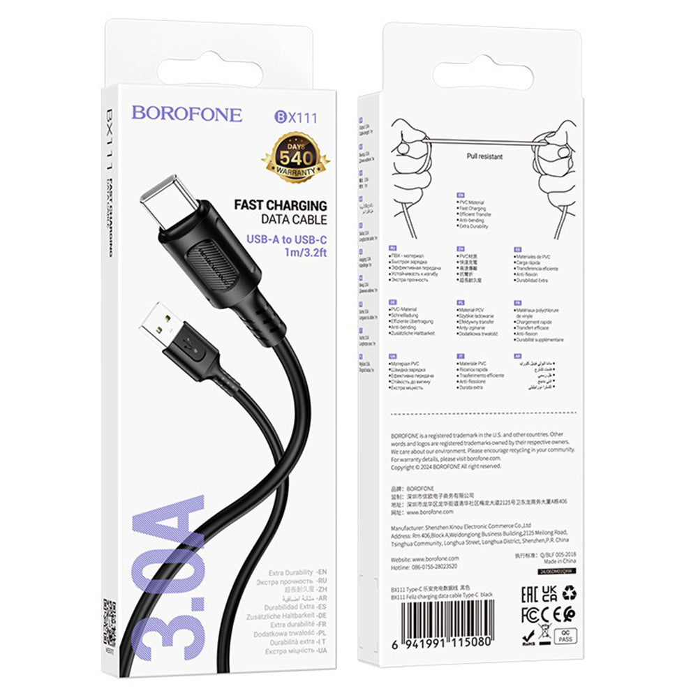 USB-A to USB-C Data and Charging Cable Borofone BX111 Feliz, 20W, 1m, Black