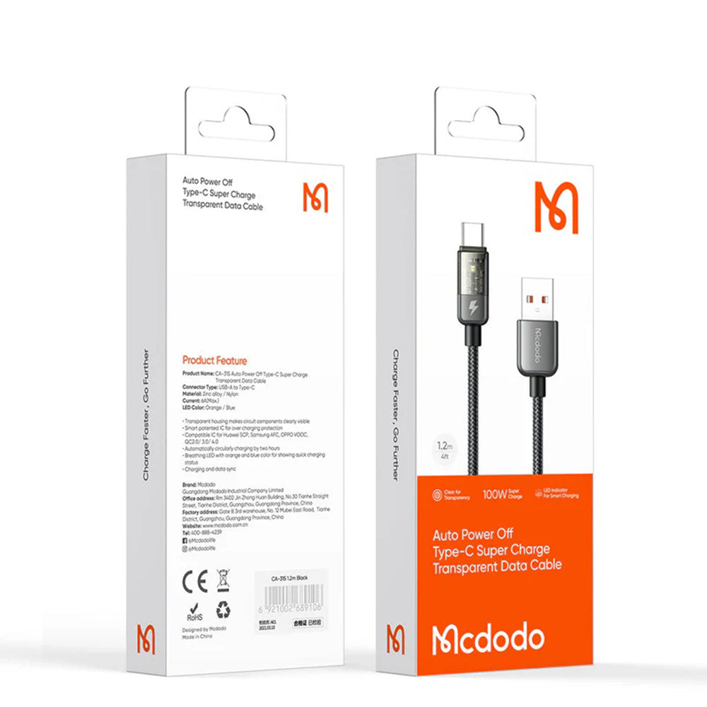 USB-A to USB-C McDodo CA-3150 Auto Power Off Data and Charging Cable, 100W, 1.2m, Black