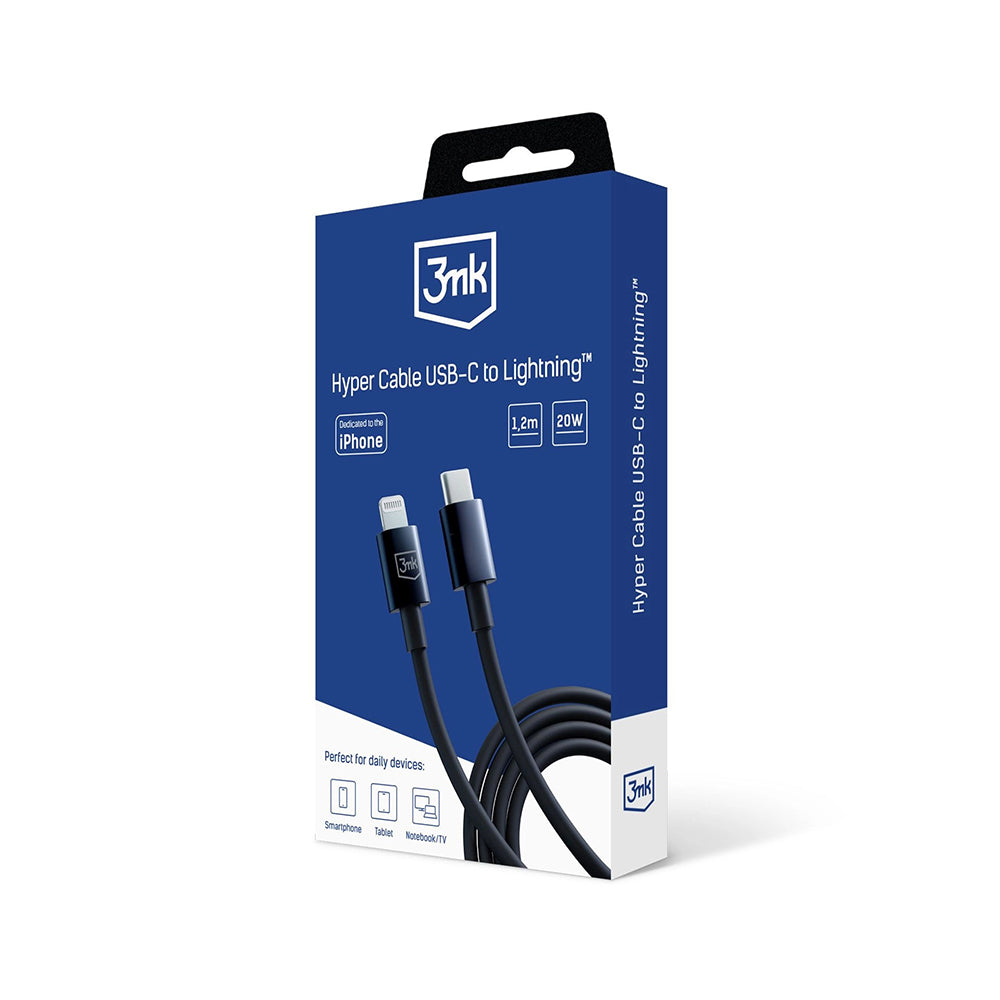 USB-C to Lightning Data and Charging Cable 3MK Hyper, 20W, 1.2m, Black