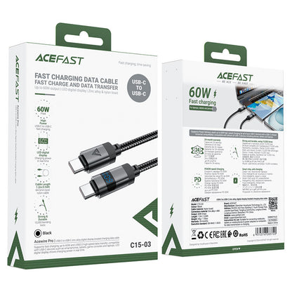 USB-C Data and Charging Cable - USB-C Acefast C15-03 Display, 60W, 1.2m, Black