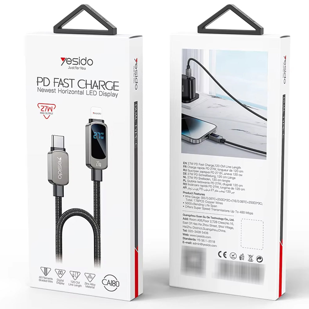 USB-C to USB-C Data and Charging Cable Yesido CA180 Display, 27W, 1.2m, Black