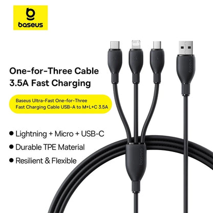USB-A Charging Cable - Lightning / microUSB / USB-C Baseus Ultra Fast 3in1, 18W, 1.3m, Black P10376303121-00