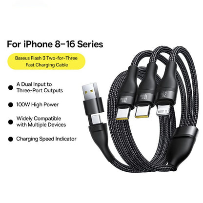 USB-A / USB-C - Lightning / 2 x USB-C Charging Cable Baseus Flash Series III 3in1, 100W, 1.5m, Black P10377501111-00