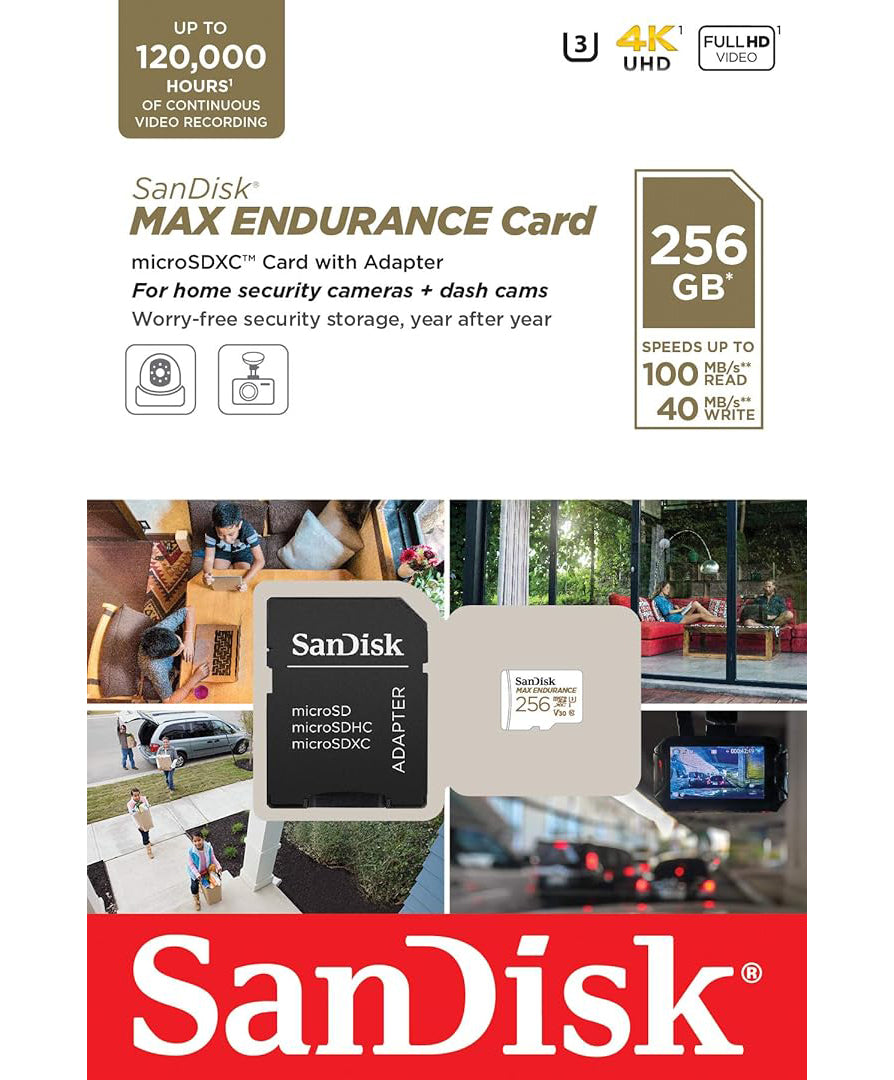 SanDisk MAX Endurance microSDXC Memory Card, 256Gb, Class 10 / UHS-1 U3, With Adapter SDSQQVR-256G-GN6IA