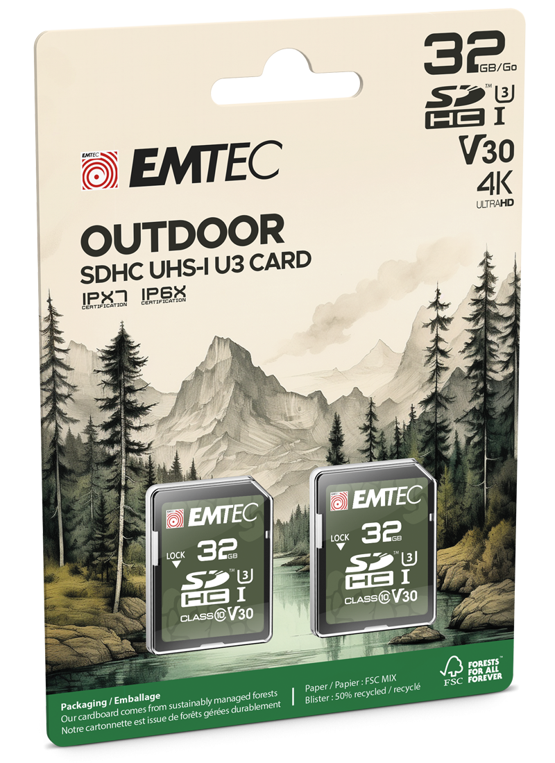 Emtec Rugged Outdoor SDHC Memory Card, 32Gb, Class 10 / UHS-1 U3, Set of 2 pieces ECMSD32GHC10ORP2