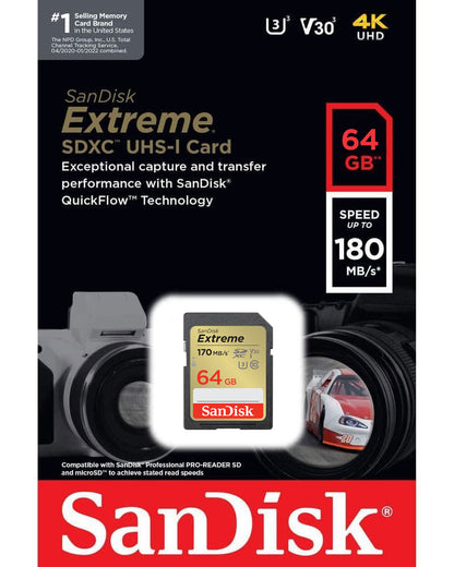 SanDisk Extreme SDXC Memory Card, 64Gb, Class 10 / UHS-1 U3 SDSDXV2-064G-GNCIN