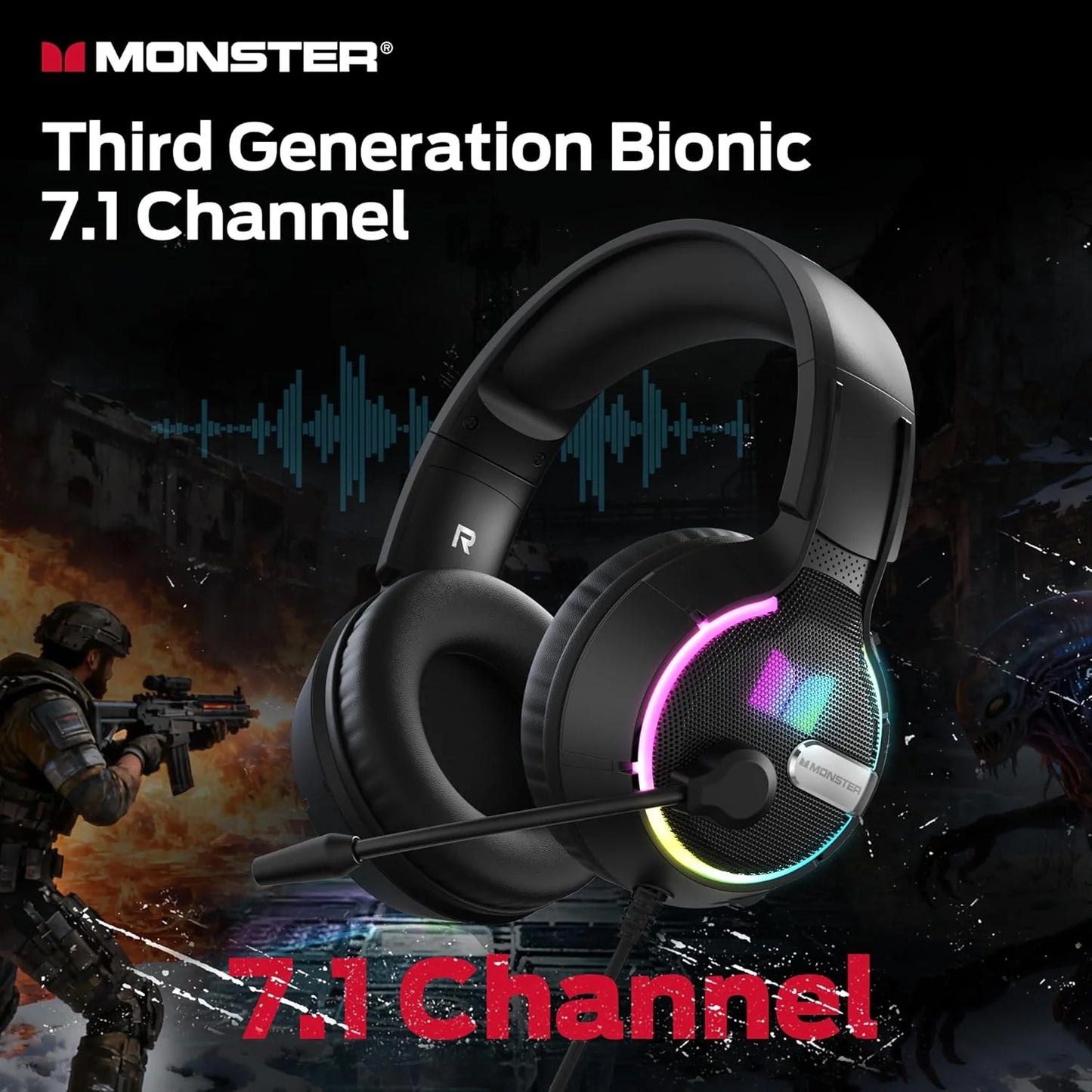 Gaming Headphones 3.5mm Monster Mission 320, RGB, 1.9m, Black