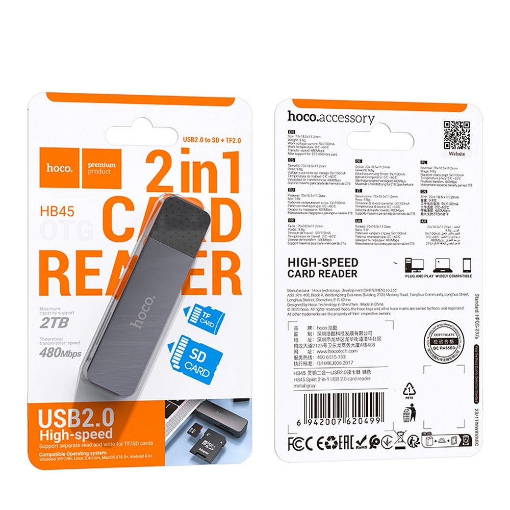 USB Card Reader HOCO HB45, SD - microSD, Gray