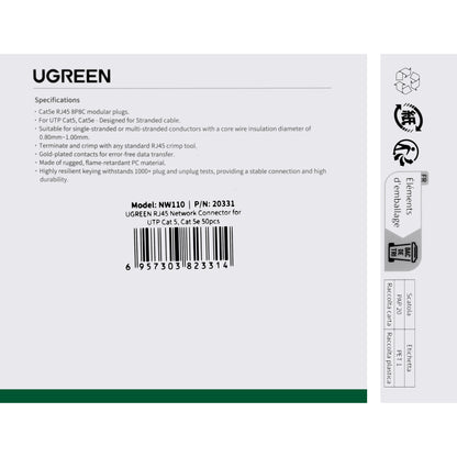 Network Connector UGREEN NW110, RJ45, Cat5, Set 50 pieces 