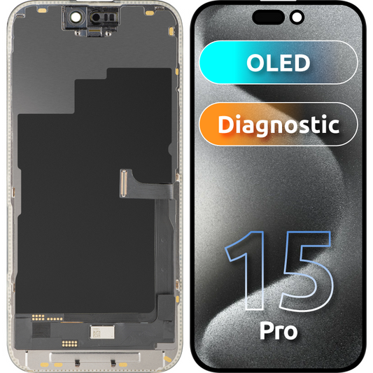 MP Touchscreen Display compatible with Apple iPhone 15 Pro, with Frame, OLED FHD Diagnostic Version, Black
