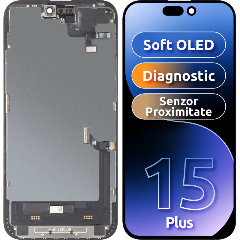 Touchscreen Display with MP Proximity Sensor compatible with Apple iPhone 15 Plus, with Frame, OLED FHD Diagnostic Software Version, Black