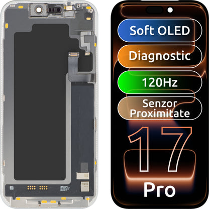 Touchscreen Display with Light Proximity Sensor MP compatible with Apple iPhone 17 Pro, with Frame, OLED FHD 120Hz Diagnostic Software Version, Black