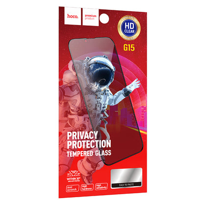 HOCO G15 Privacy Screen Protector for Apple iPhone 16 / 15, Tempered Glass, Full Glue, 5D
