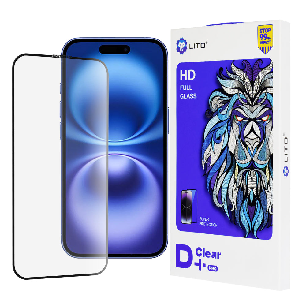 Lito D+ Pro Screen Protector Film for Apple iPhone 16, Tempered Glass, Full Glue, Black