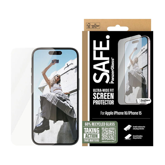 PanzerGlass Safe Screen Protector. Ultra-Wide Fit for Apple iPhone 16 / 15, Tempered Glass, Full Glue
