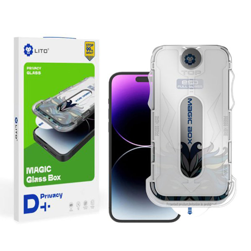 Privacy Screen Protector Lito Magic Glass Box D+ Tools for Apple iPhone 15 Pro, Tempered Glass, Full Glue