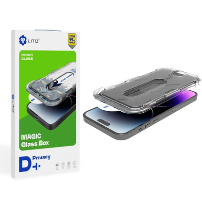 Privacy Screen Protector Lito Magic Glass Box D+ Tools for Apple iPhone 15, Tempered Glass, Full Glue