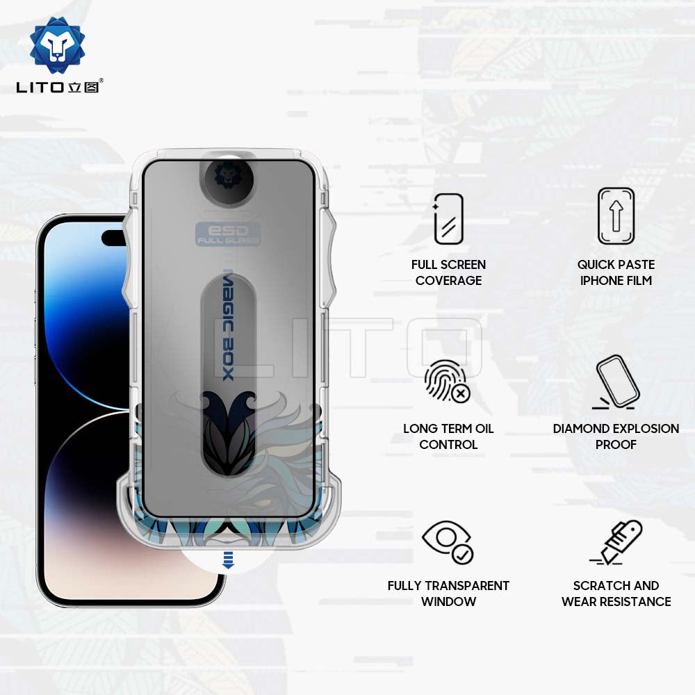Privacy Screen Protector Lito Magic Glass Box D+ Tools for Apple iPhone 15, Tempered Glass, Full Glue