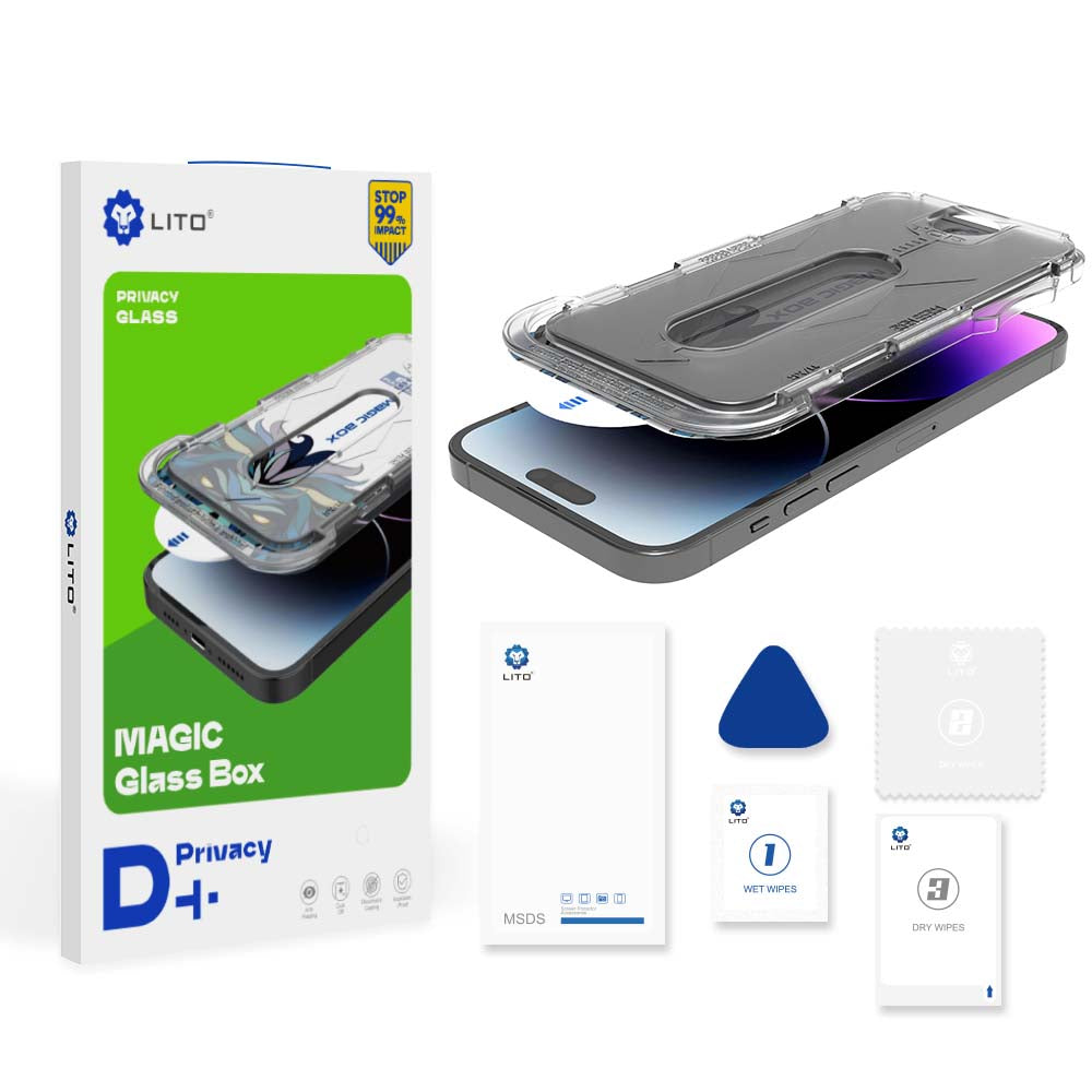 Privacy Screen Protector Lito Magic Glass Box D+ Tools for Apple iPhone 16, Tempered Glass, Full Glue