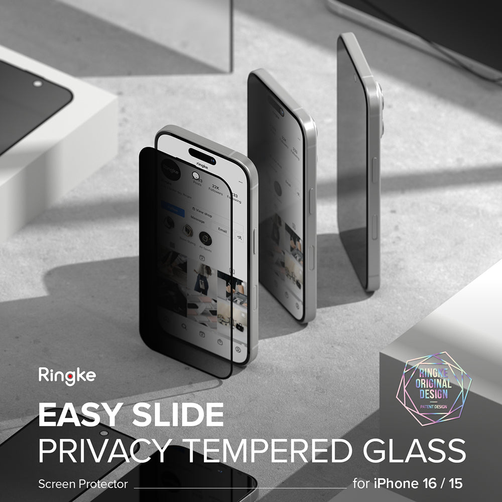Ringke Easy Slide Privacy Screen Protector for Apple iPhone 16 Plus / 15 Plus, Tempered Glass, Full Glue, Set of 2 Pieces