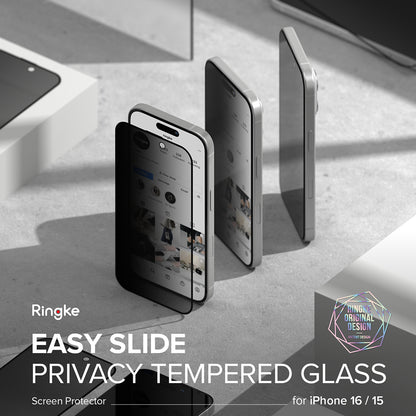 Ringke Easy Slide Privacy Screen Protector for Apple iPhone 16 Plus / 15 Plus, Tempered Glass, Full Glue, Set of 2 Pieces