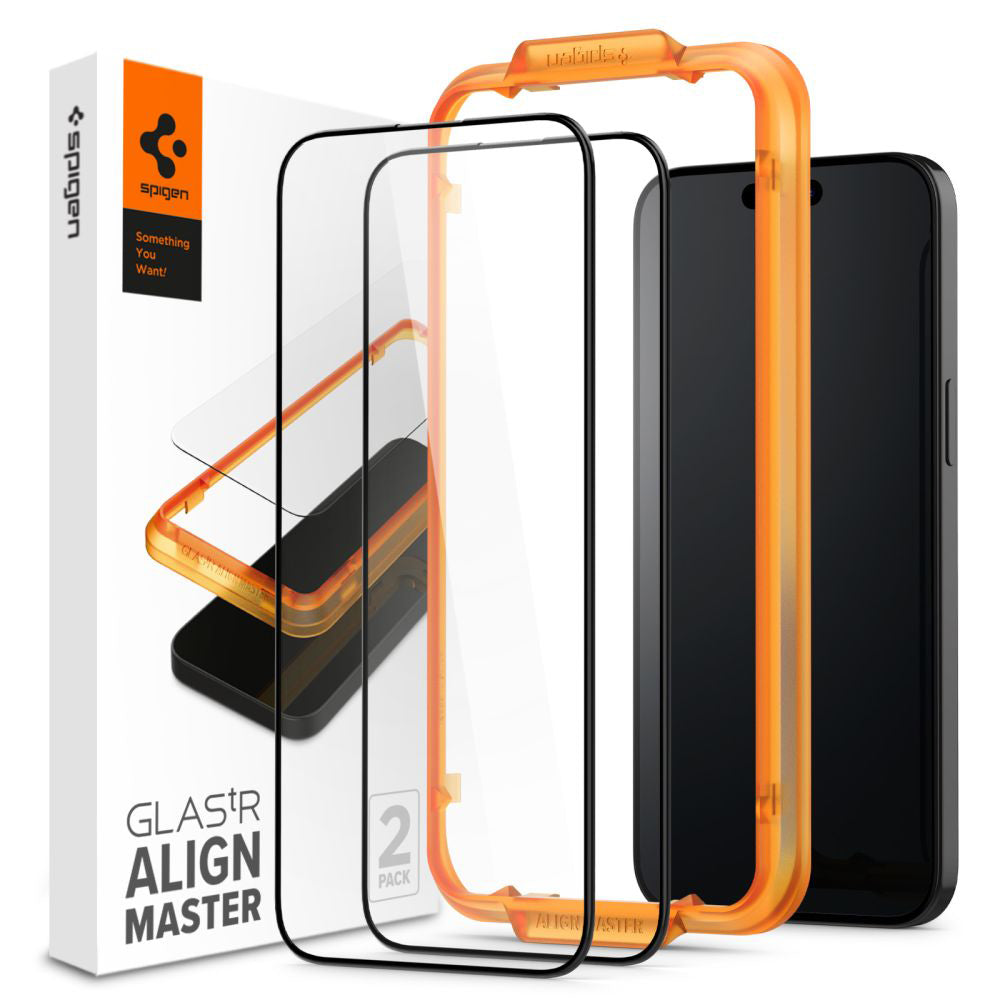 Spigen GlastR Align Master Screen Protector for Apple iPhone 15, Tempered Glass, Full Glue, Set of 2 pieces, Black AGL06906