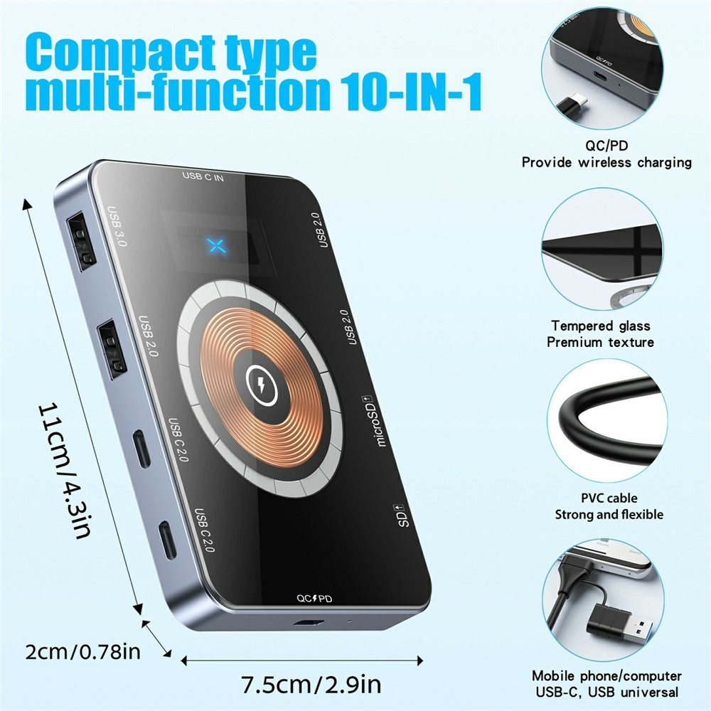 USB-C Hub with Wireless QI Charging OEM YC7209, 10in1, Gray