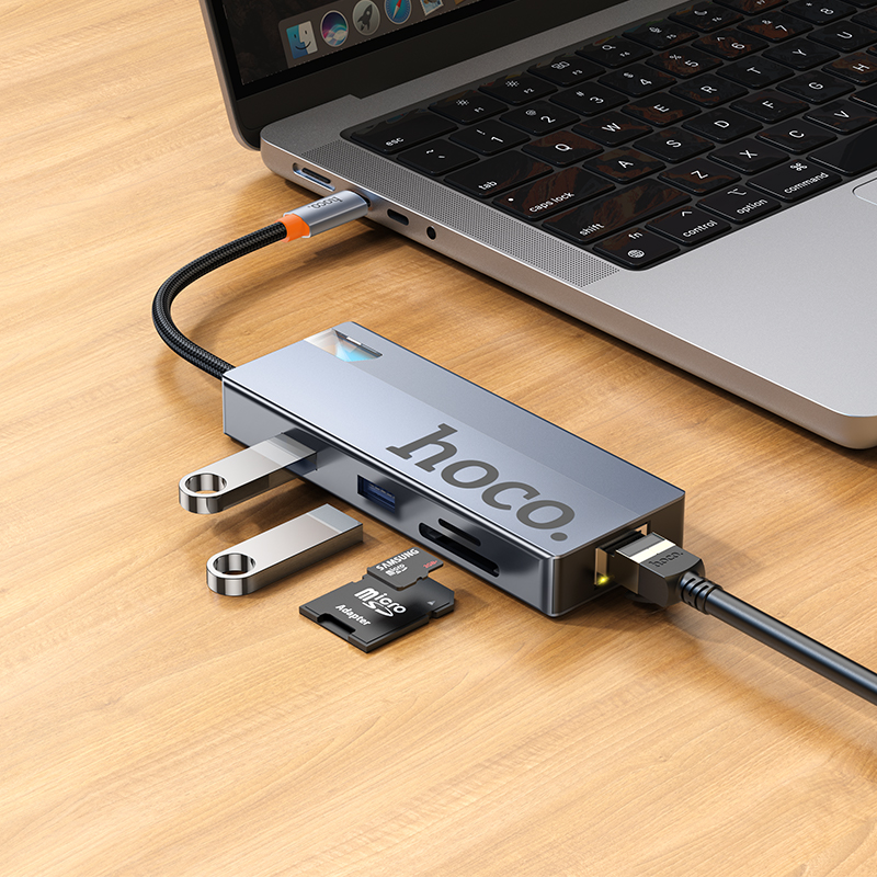 HOCO HB52 USB-C Hub, 2 x USB-A 3.0 - 2 x USB-C - 1 x HDMI - 1 x RJ45 - 1 x SD - 1 x microSD, Gray
