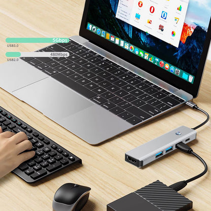 Tech-Protect HB01 USB-C Hub, 1 x USB-A 3.0 - 2 x USB-A - 1 x USB-C - 1 x HDMI, Gray
