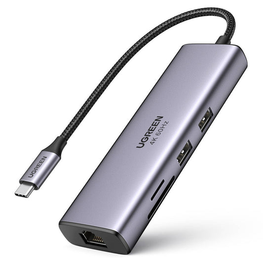 UGREEN CM512 USB-C Hub (60515), 2 x USB-A 3.0 - 1 x USB-C - 1 x HDMI - 1 x SD - 1 x microSD - 1 x RJ45, Gray