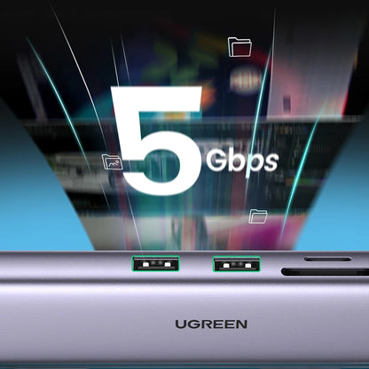 UGREEN CM512 USB-C Hub, 2 x USB-A 3.0 - 1 x USB-C - 1 x HDMI - 1 x SD - 1 x microSD - RJ45, Gray