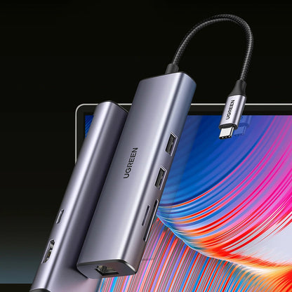 UGREEN CM512 USB-C Hub, 2 x USB-A 3.0 - 1 x USB-C - 1 x HDMI - 1 x SD - 1 x microSD - RJ45, Gray