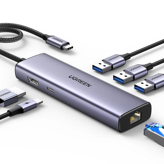 UGREEN CM512 USB-C Hub (15598), 3 x USB-A 3.0 - 1 x USB-C - 1 x HDMI - 1 x RJ45, Gray