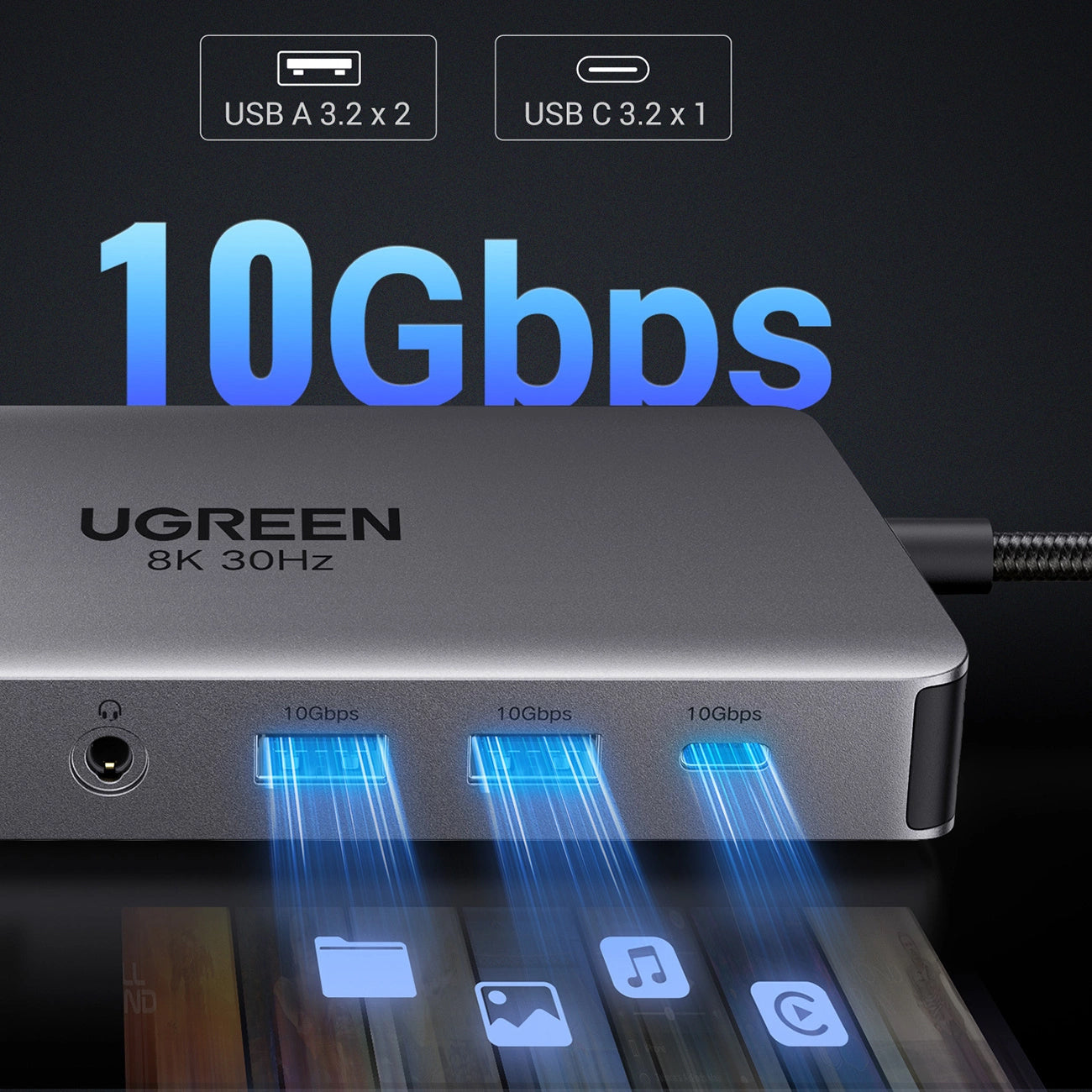 UGREEN Revodok Pro 313 CM681 USB-C Hub, 2 x USB-A 3.2 - 1 x USB-A 3.0 - 2 x USB-C - 2 x HDMI - 1 x 3.5mm Jack - 1 x RJ45 - 1 x SD - 1 x microSD, Gray