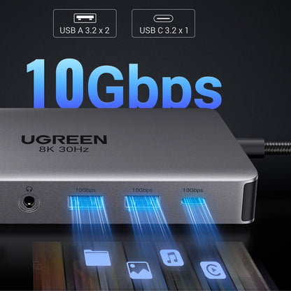 UGREEN Revodok Pro 313 CM681 USB-C Hub, 2 x USB-A 3.2 - 1 x USB-A 3.0 - 2 x USB-C - 2 x HDMI - 1 x 3.5mm Jack - 1 x RJ45 - 1 x SD - 1 x microSD, Gray