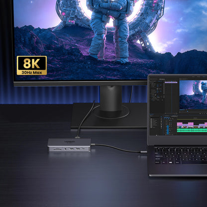UGREEN Revodok Pro 313 CM681 USB-C Hub, 2 x USB-A 3.2 - 1 x USB-A 3.0 - 2 x USB-C - 2 x HDMI - 1 x 3.5mm Jack - 1 x RJ45 - 1 x SD - 1 x microSD, Gray