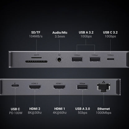 UGREEN Revodok Pro 313 CM681 USB-C Hub, 2 x USB-A 3.2 - 1 x USB-A 3.0 - 2 x USB-C - 2 x HDMI - 1 x 3.5mm Jack - 1 x RJ45 - 1 x SD - 1 x microSD, Gray