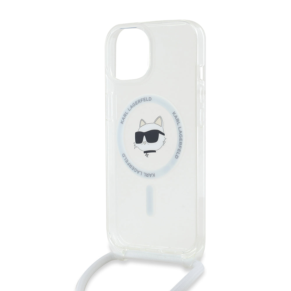 MagSafe Case for Apple iPhone 14, Karl Lagerfeld, IML Crossbody Choupette's Head with Strap, Transparent