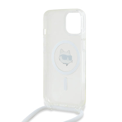 MagSafe Case for Apple iPhone 15, Karl Lagerfeld, IML Crossbody Choupette's Head with Strap, Transparent