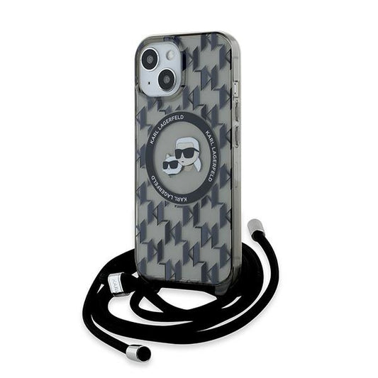 MagSafe Case for Apple iPhone 15, Karl Lagerfeld, IML Crossbody Monogram Karl & Choupette's Heads, Black